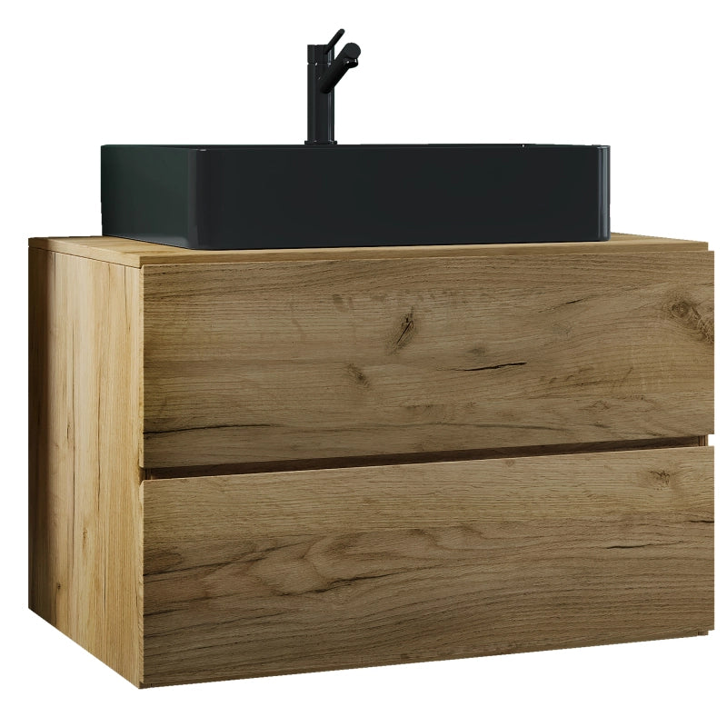 Luce di Ezooza Set Bagno 2 Pezzi Mobile Extra Large con 2 cassetti e Lavabo sospesi, Rovere miele , lavabo Nero
