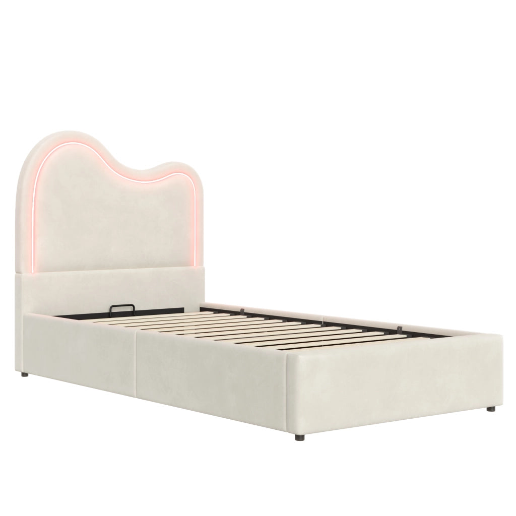 Letto singolo imbottito per bambini 90x200 cm con vano contenitore; velluto beige