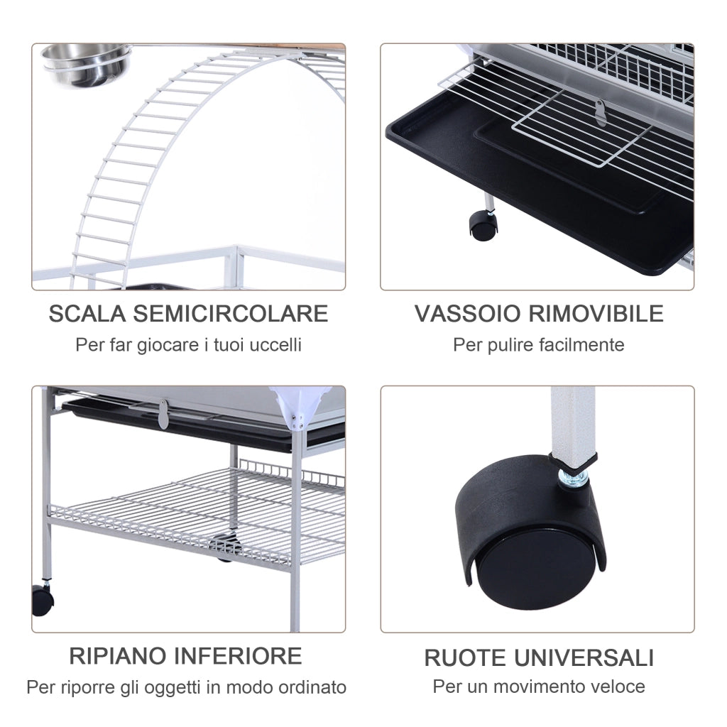 Voliera per Uccelli con Ruote e Trespoli ¨C Zephmum ¨C Argento Acciaio 161.5cm