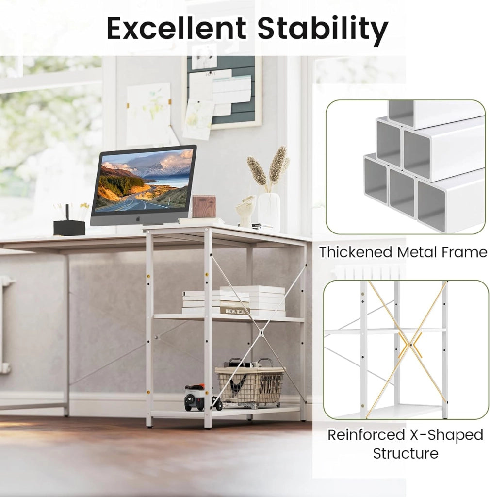 Scrivania a forma di L da 118 cm, tavolo per computer con ripiano reversibile, scrivania ad angolo moderno con ripiano regolabile, per studio, ufficio (bianco)