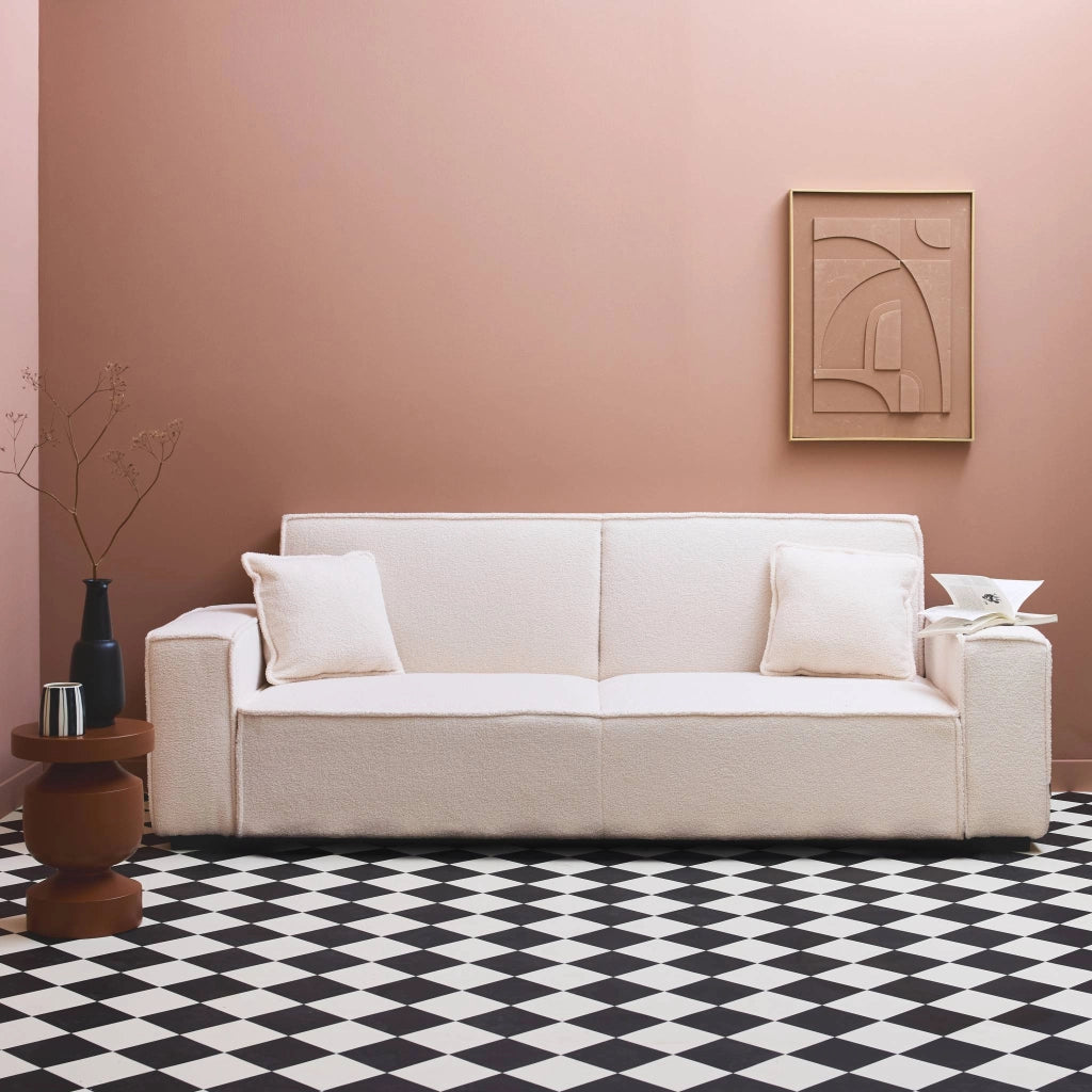 Divano letto in tessuto bouclé, 3 posti, crema