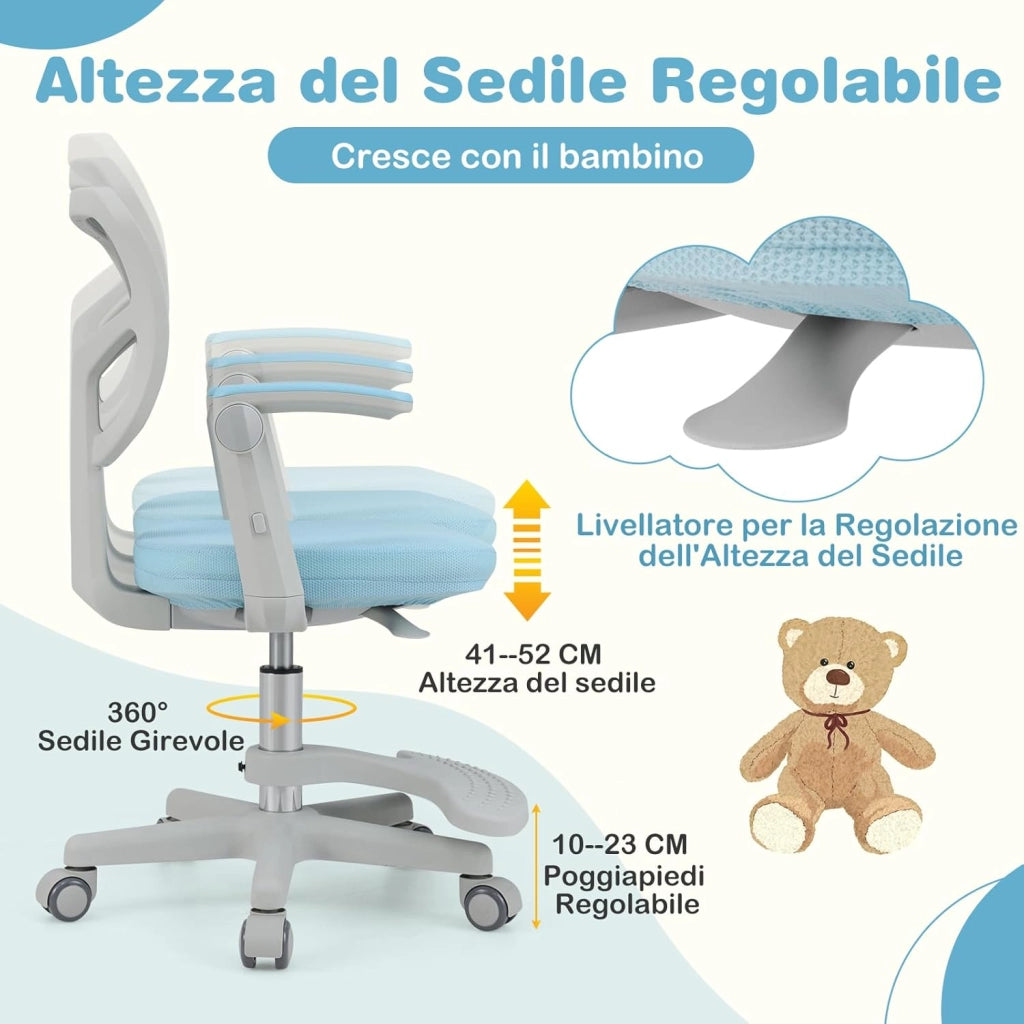 Sedia da Scrivania Bambini Girevole, Altezza Regolabile, Sedia da Studio per Ragazzi con Braccioli a Ribalta e Poggiapiedi, Poltrocina in Rete per Bambini 3-15 Anni, Portata 150 kg (Blu)