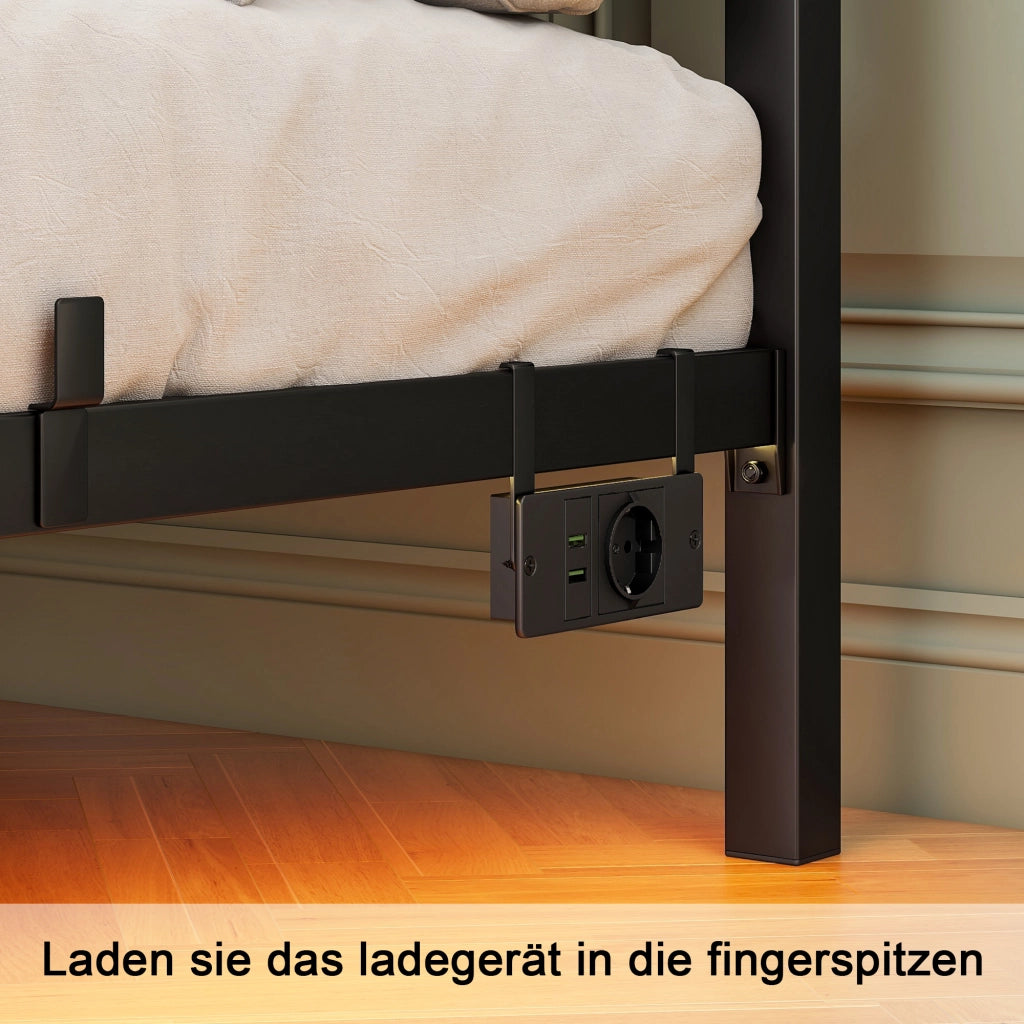Letto matrimoniale 140 × 200 cm con illuminazione LED, stazione di ricarica USB, senza materasso, in metallo nero