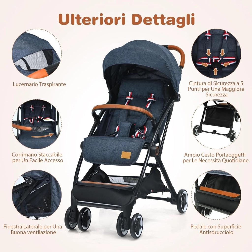 Passeggino Pighevole per Bmabini, Passeggino con Schienale e Poggiapiedi Regolabili, Passeggino Leggero Portata 15 kg, con Cappottina e Zanzariera, per Bambini 0-3 Anni (Blu)