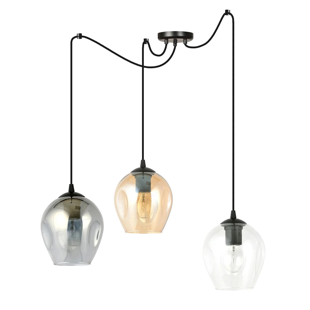 Sospensione 3 Luci Parsifal In Acciaio Nero E Vetro Multicolor Con Cavi Lunghi