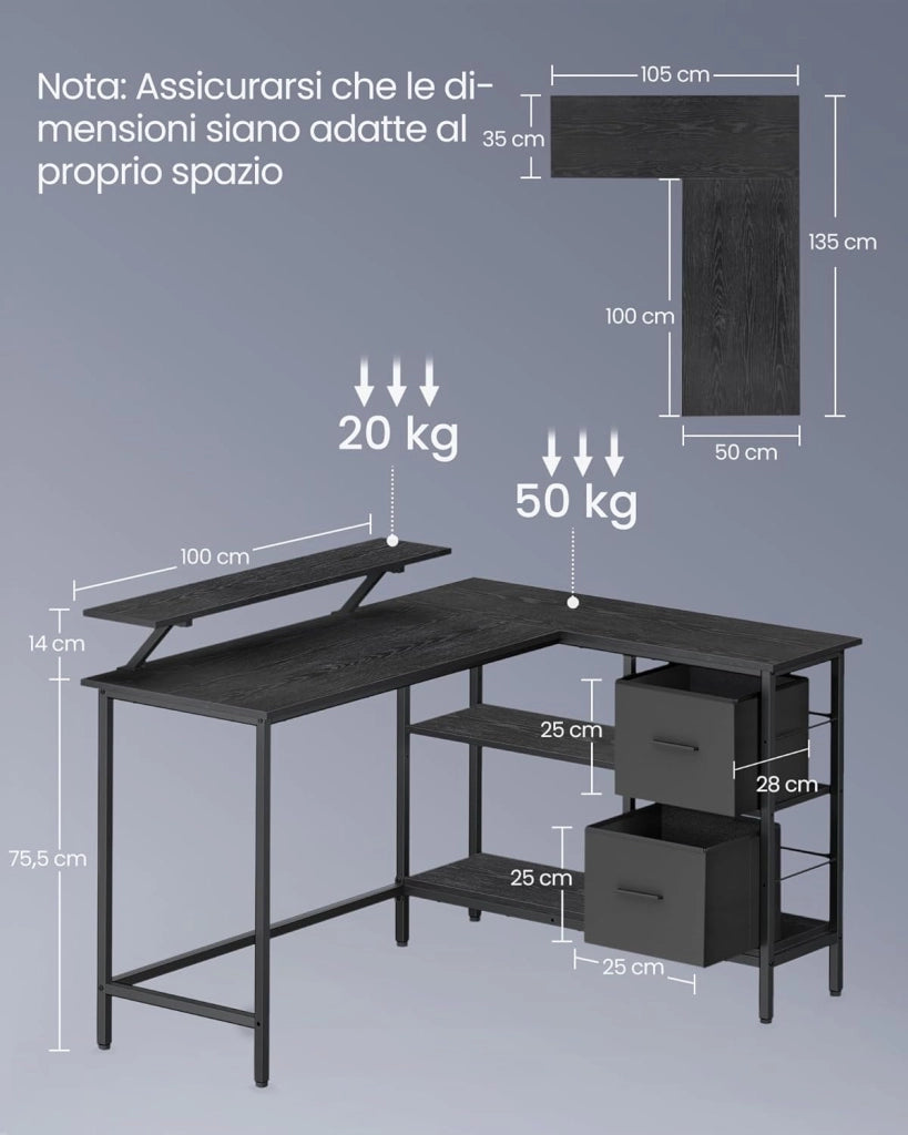 VASAGLE Scrivania per Computer a L, Scrivania ad Angolo con 2 Cassetti Spaziosi e Supporto per Monitor, Ripiano Regolabile, per Ufficio Studio, Nero Ebano LWD098B56