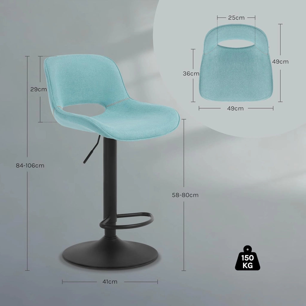 Set di 4 Sgabelli da Cucina, Sedia da Bar in Lino, Sgabello Regolabile in Altezza, con Schienale, Seduta Imbottita Girevole a 360°, per Bistrot, Pub, Base in Metallo, Blu, BH438bl-4