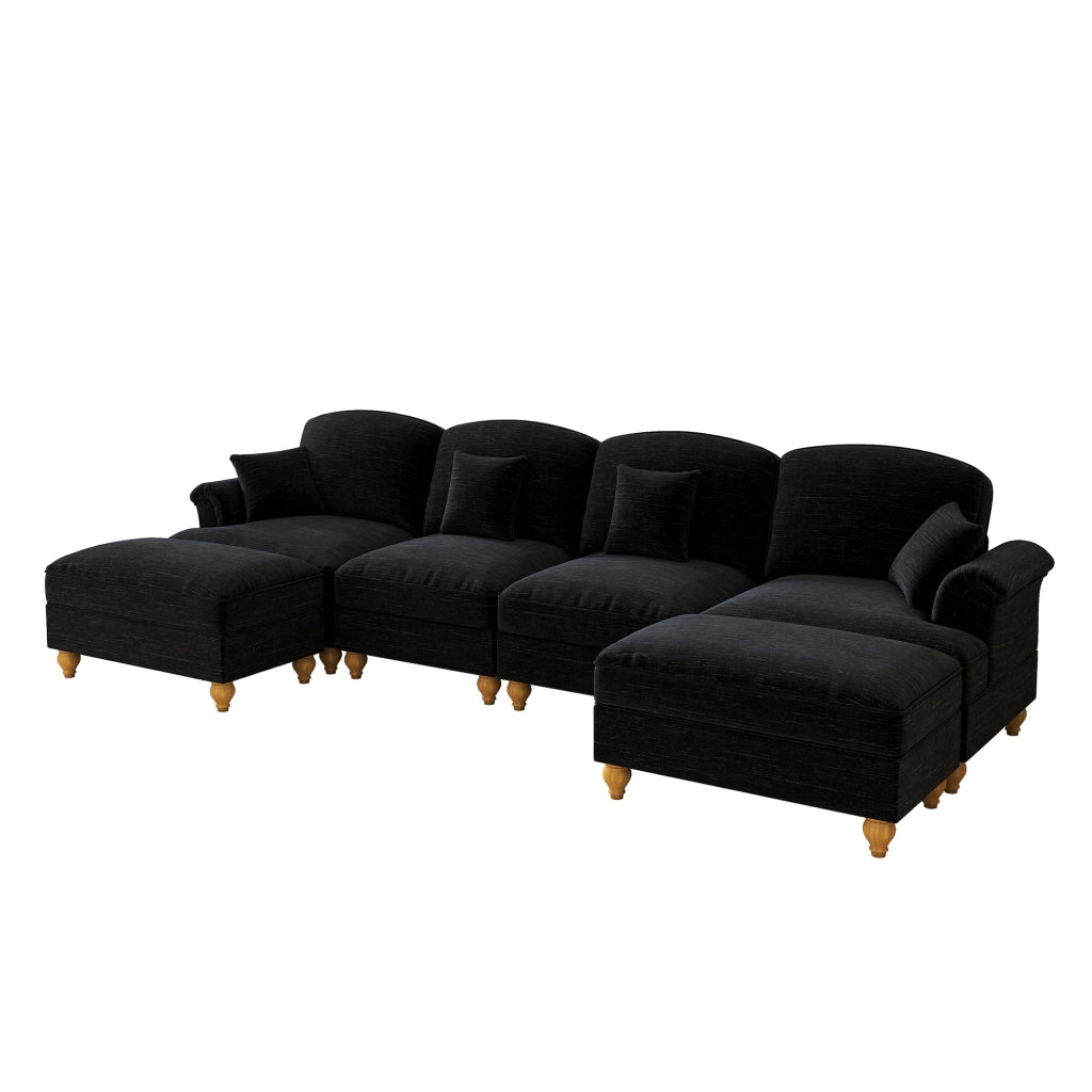 Divano U 4 Posti in Chenille con Poggiapiedi ¨C MINIMAL ¨C Nero, Gambe, Braccioli