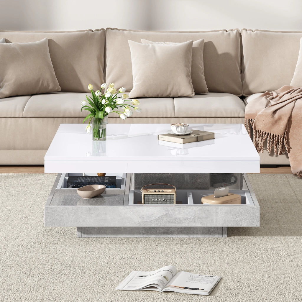 Tavolino da caffè con piano girevole a 360° e vano - per soggiorno - in truciolare - 70×70×36 cm - bianco e marmo