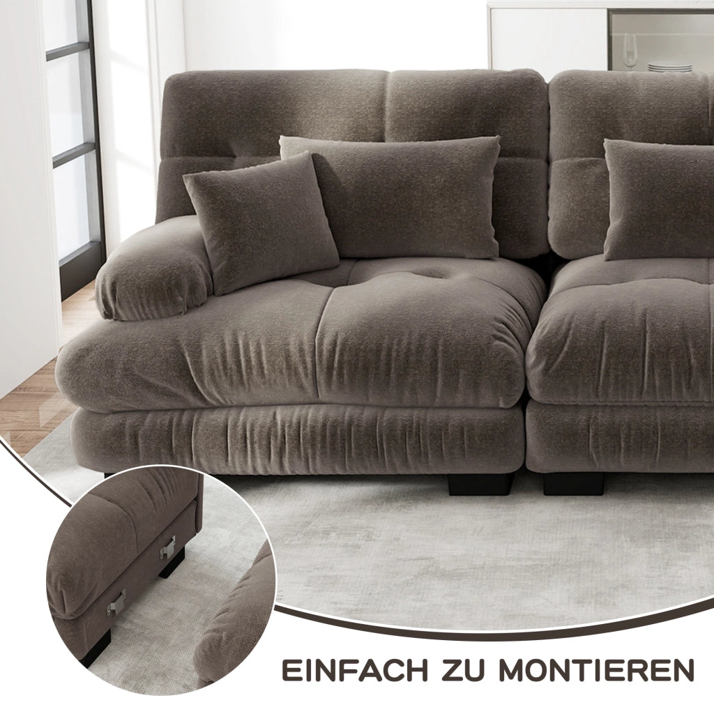 Divano componibile angolare modulare in chenille marrone con ottoman mobili e cuscini decorativi per il soggiorno