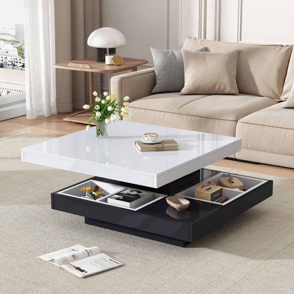Tavolino da salotto girevole 360° 70x70x36 cm in truciolare bianco e nero; con vano portaoggetti