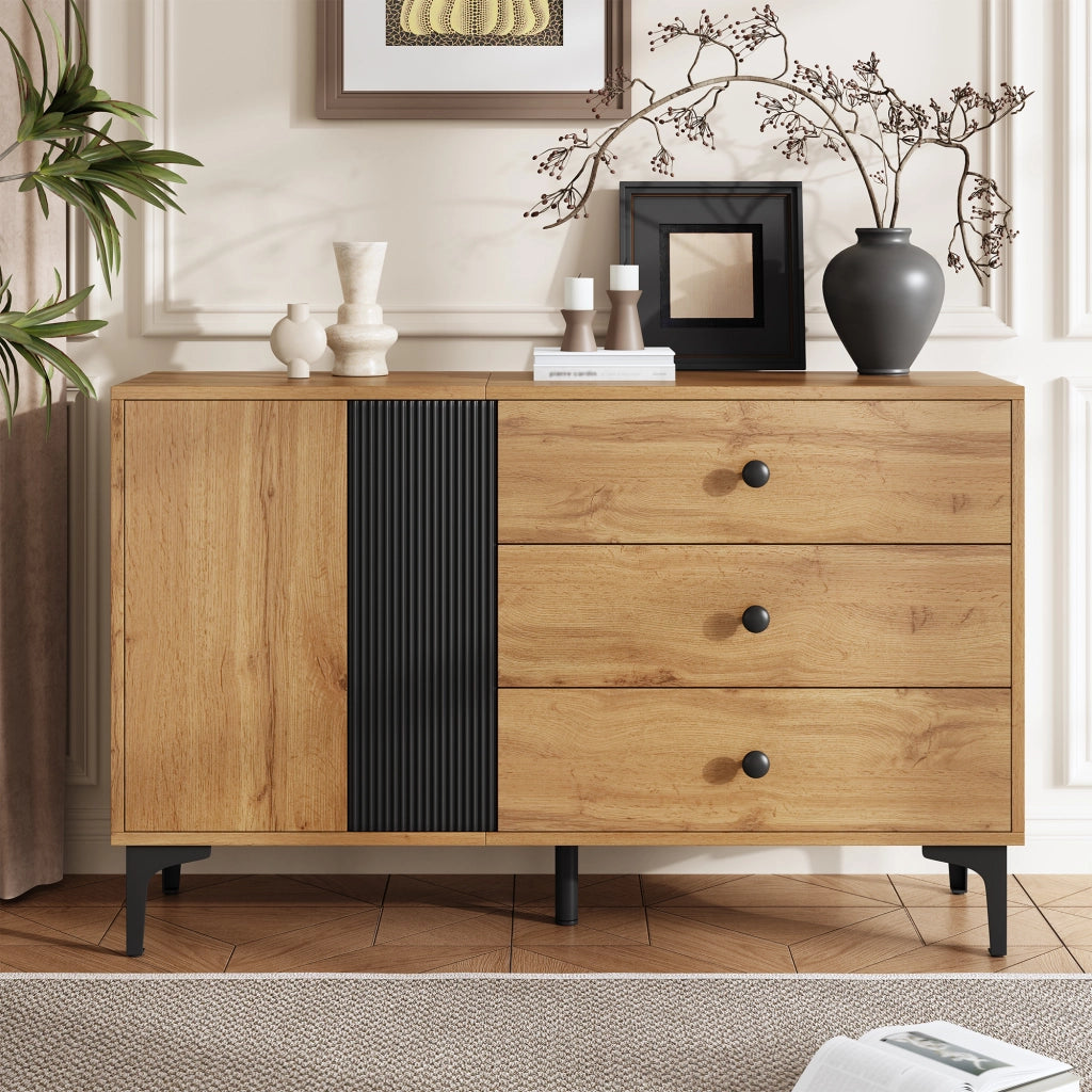 Credenza con 1 Anta e 3 Cassetti; Piedini in Metallo; Stile Moderno; in Pannelli di Particelle; Nero e Naturale; 120??35??76 cm
