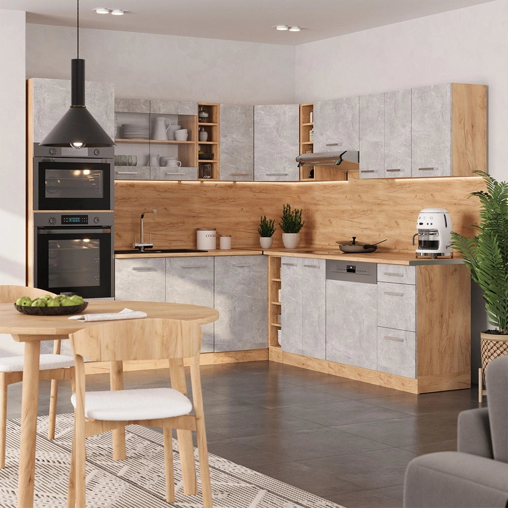 Cucina angolare completa R-Line Calcestruzzo/Rovere dorato 247 x 237 cm, PL Antracite Vicco