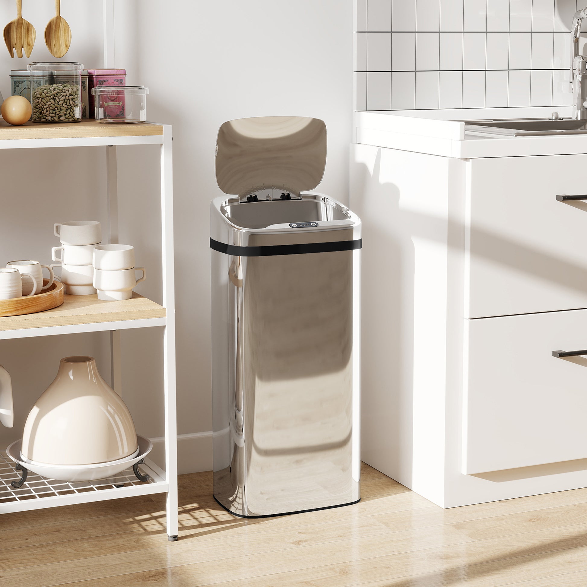 Bidone per Rifiuti da 40L con Sensore per Apertura e Chiusura Automatica 33x25x70 cm in ABS e Acciaio Inox Argento
