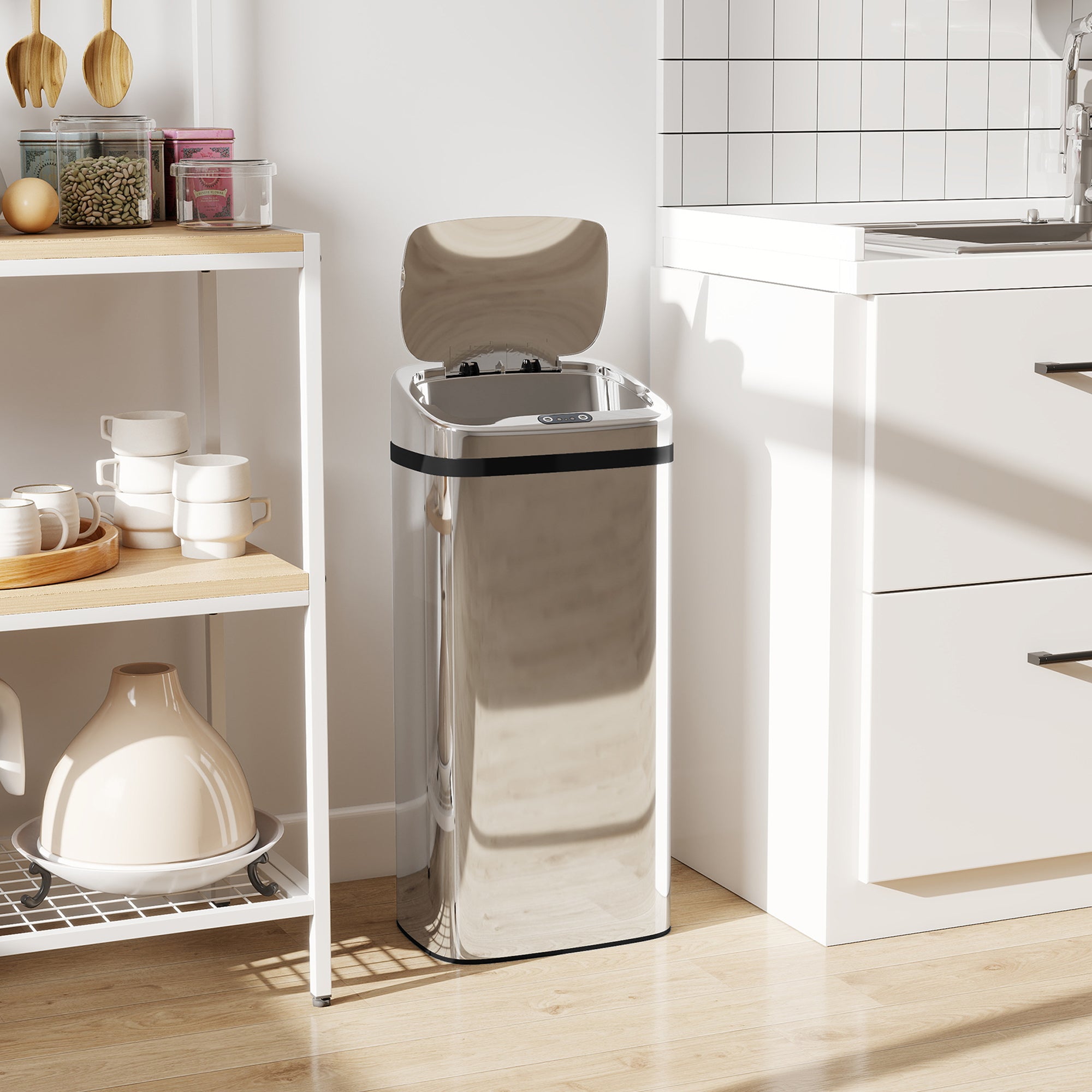 Bidone per Rifiuti da 40L con Sensore per Apertura e Chiusura Automatica 33x25x70 cm in ABS e Acciaio Inox Argento