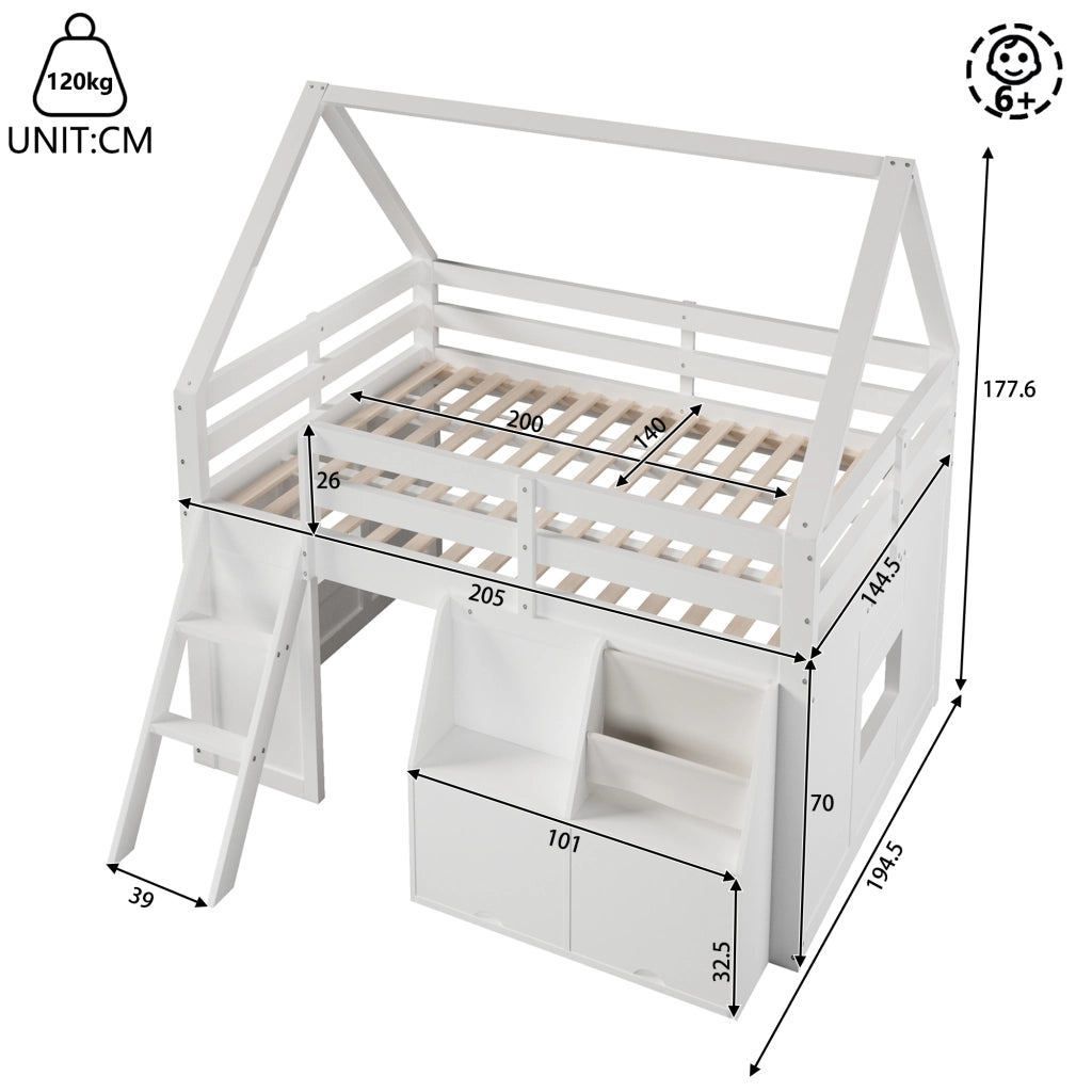 Letto a Soppalco 140x200 cm con scale; LED; box e tasche in legno bianco per cameretta