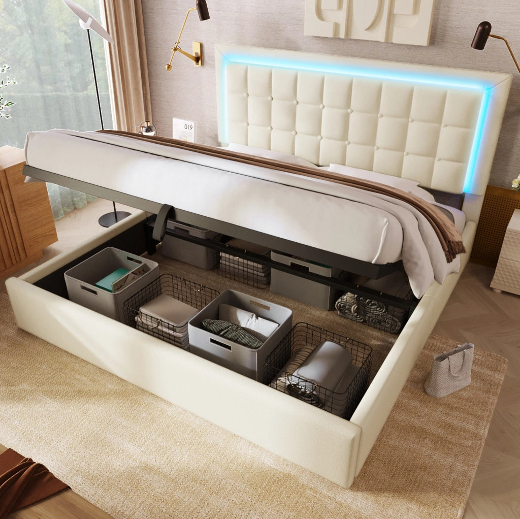 Letto matrimoniale 140x200 cm con contenitore sollevabile e LED; in PU bianco