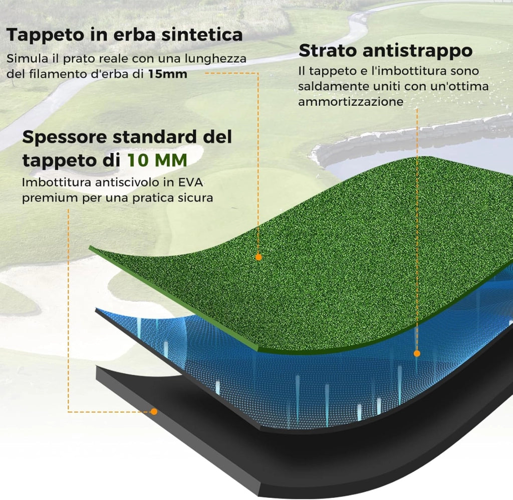 Tappetino da Allenamento Golf, Tappetino da Allenamento 3-in-1 con Erba Sintetica, 2 Punte da Golf, 2 Astine di Allineamento, Fori Preforati per le Punte, per Uomini e Donne