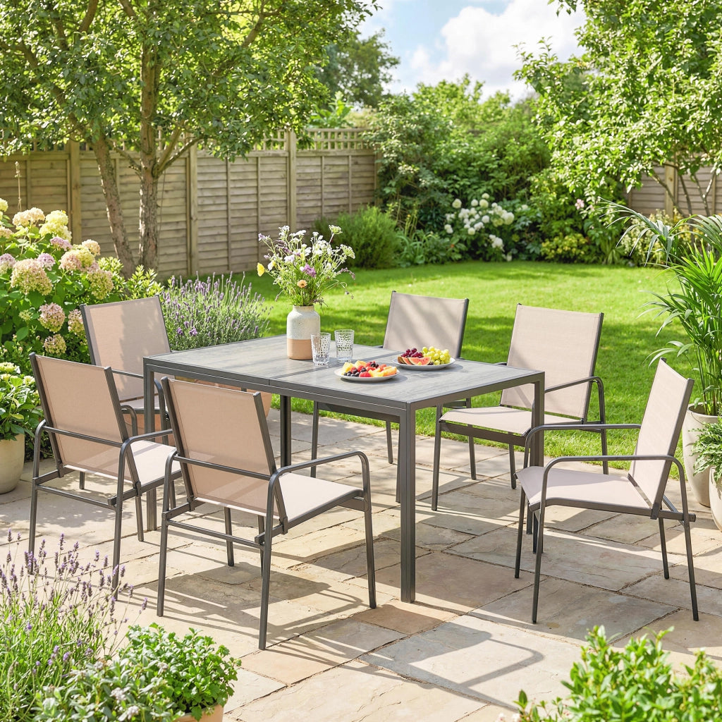 Set da pranzo giardino 6 sedie ¨C zephmum ¨C tavolo effetto legno, sedute in tessuto traspirante kaki