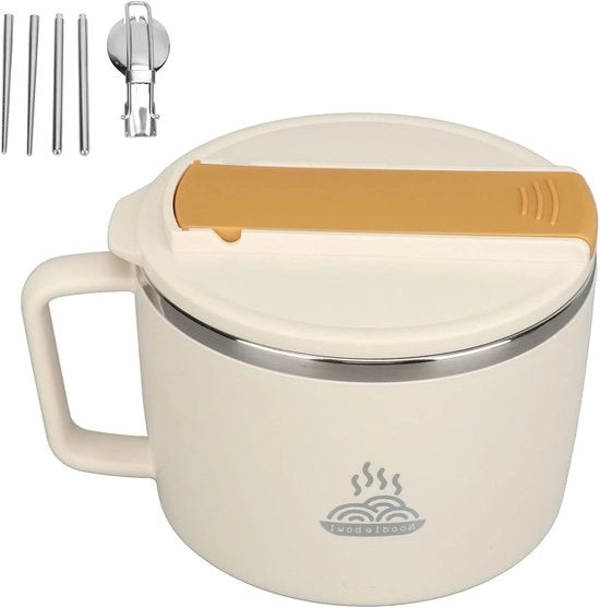 Ciotola di Cucina Multifunzionale per Ramen da 1200ml in Acciaio Inox 304 - Stampa ABS - Fessura per Telefono - Cucchiai - Cucchiaio - Forchetta (Beige)