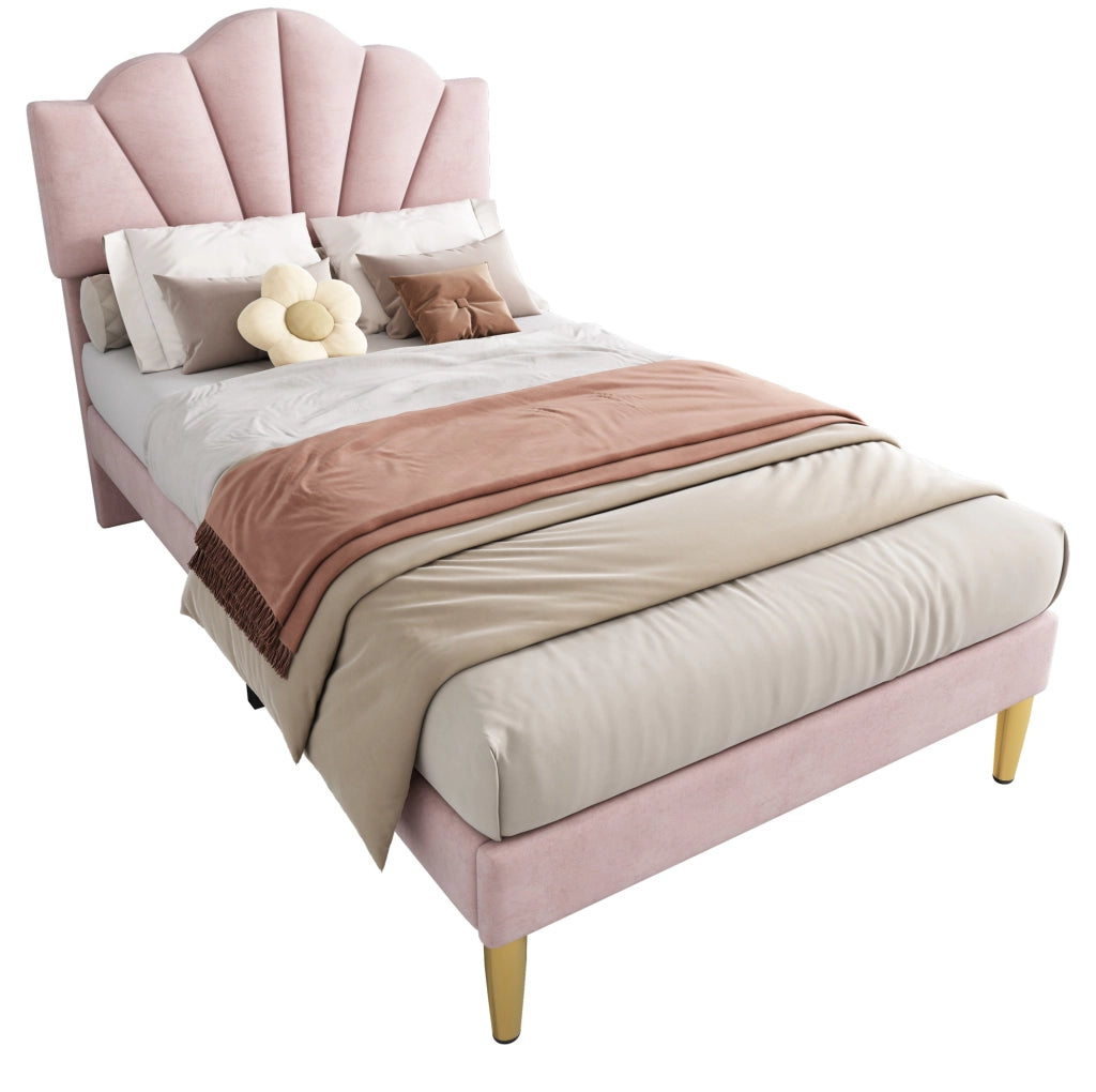 Letto imbottito in velluto rosa 90x200 cm con testiera regolabile e rete a doghe