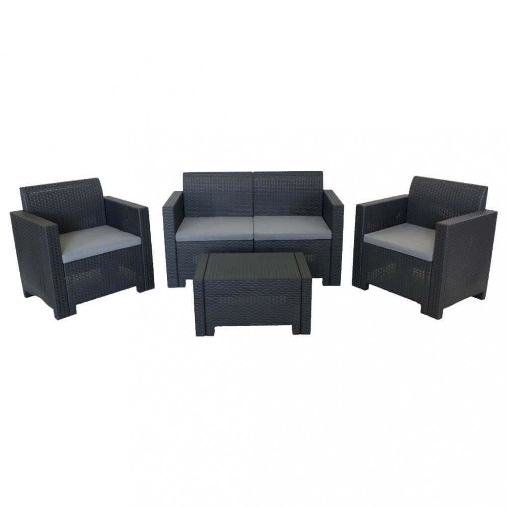 Set Salotto da Giardino Divano 2 Poltrone e Tavolino con Cuscini in Plastica Nero