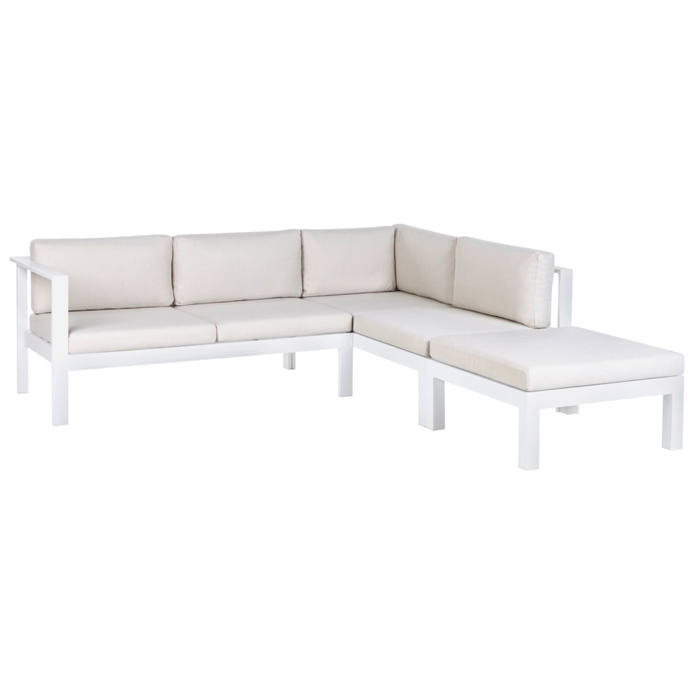 Set da giardino divano 5 posti e tavolo elevabile con struttura bianca e piano in vetro e cuscini bianchi color crema stile moderno scandinavo