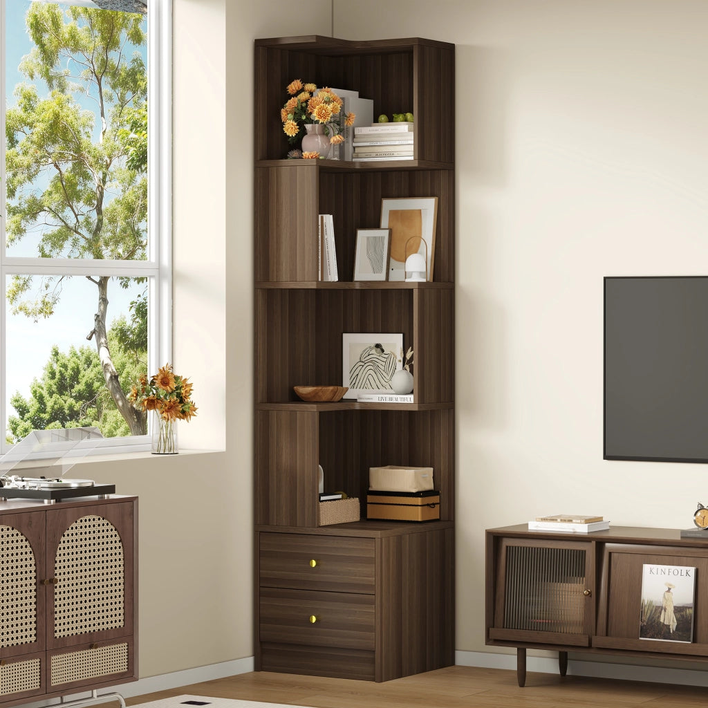 Libreria angolare a L con illuminazione LED controllabile via app, 45 x 43,5 x 180 cm, marrone