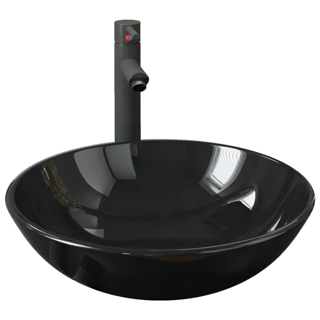 Lavandino da bagno con rubinetto e scarico a pulsante lavabo da appoggio lavabo da bagno lavabo per doccia vetro temperato diametro 42 cm nero 02_0002857