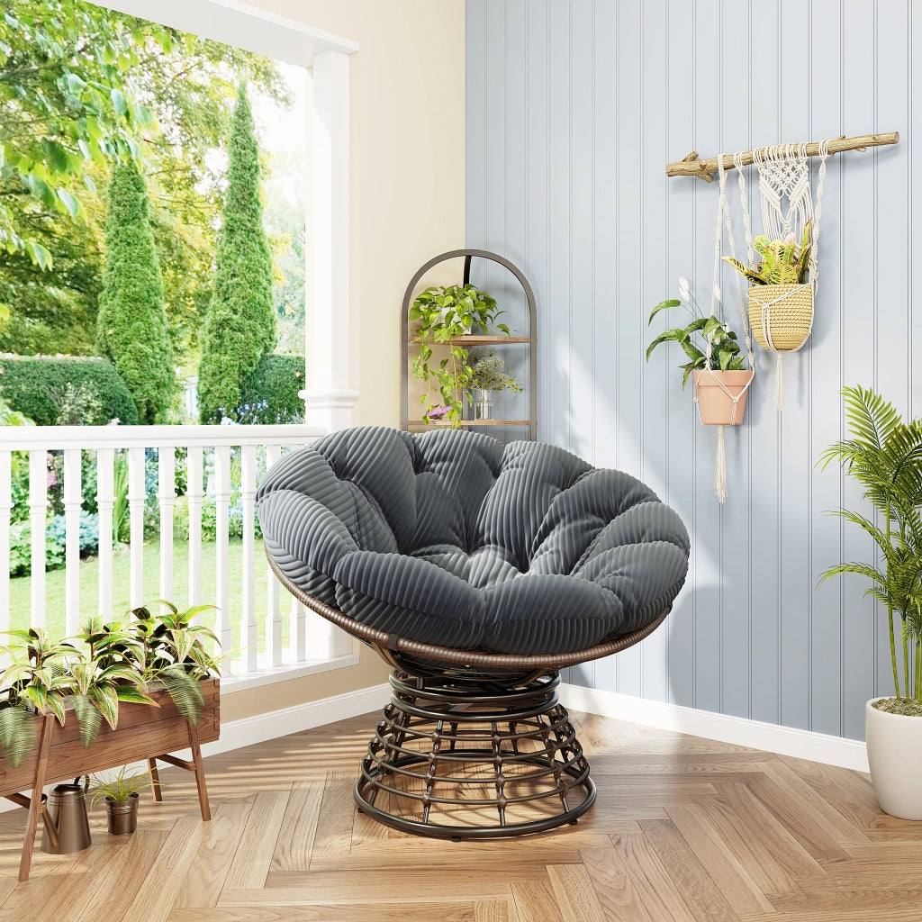 POLTRONA Girevole 360° Ø92x67 cm Acciaio e Rattan PE Marrone con Cuscino Grigio