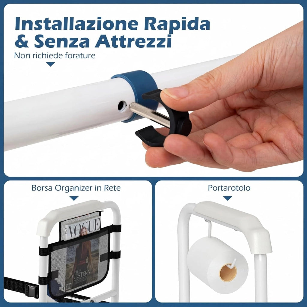 Supporto per WC per Anziani Portata 136 kg, Barra Bagno con Portarotolo e Tasca, Altezza e Lunghezza Regolabili, Corrimano di Sicurezza per WC per Disabili e Donne in Gravidanza