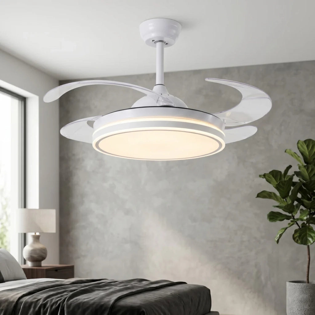 Plafoniera Ventilatore da Soffitto 108cm Pale a Scomparsa, Luce LED Dimmerabile, Telecomando e Motore Silenzioso, Bianco