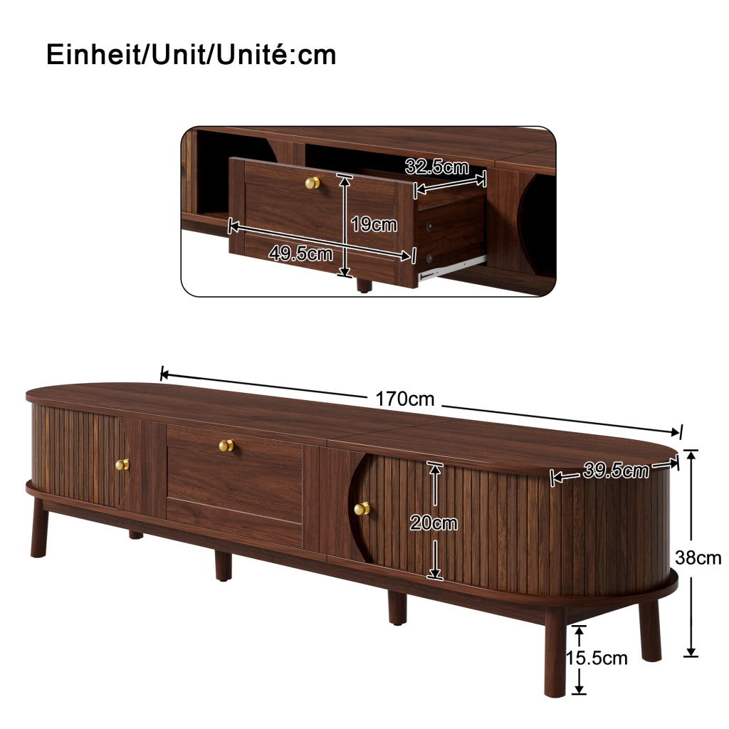 Mobile TV con 2 Cassetti e 2 Ante Scorrevoli; Angoli Arrotondati; Stile Moderno; 170??39;5??38 cm; in MDF; Noce
