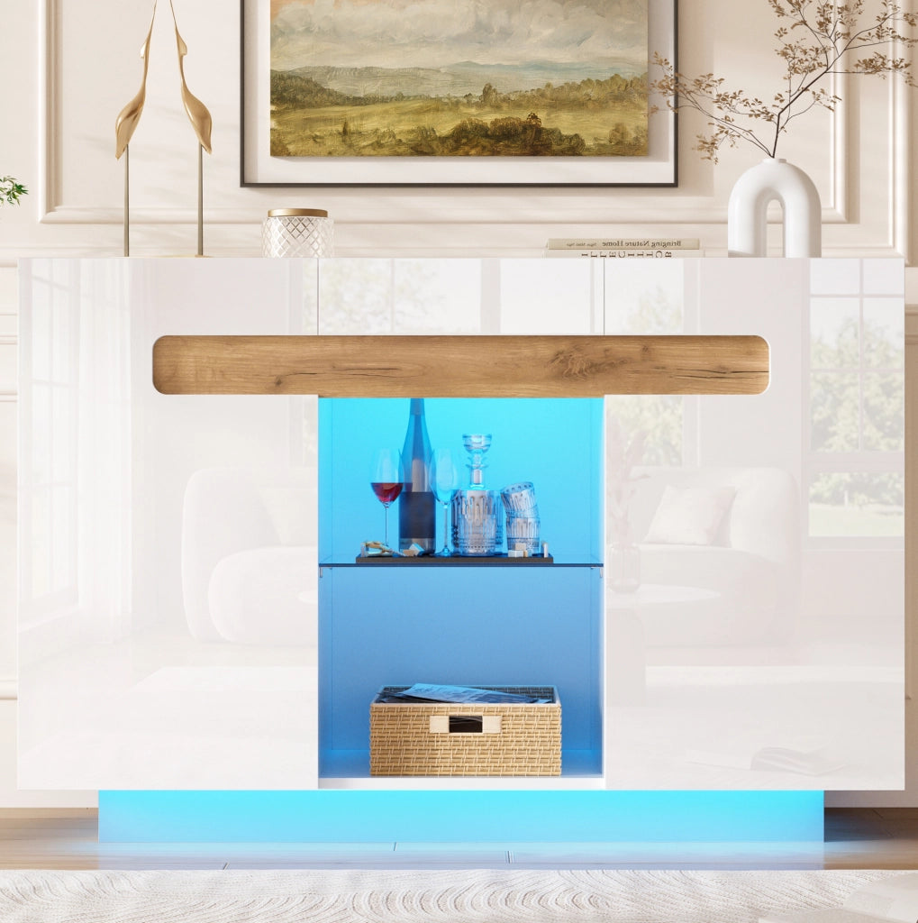 Sideboard LED bianco e legno naturale 120 × 40 × 80 cm