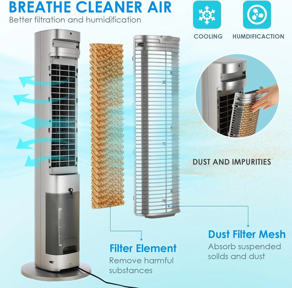 Ventilatore a torre con diffusore di aromi, telecomando a 3 livelli, con raffreddamento ad acqua, oscillazione 50°, timer 12 ore e modalità sleep per ufficio/casa, ventilatore silenzioso da