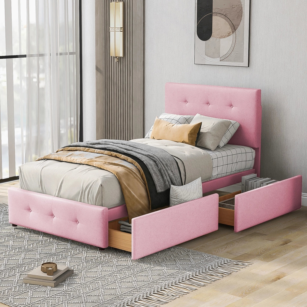 DESMIU Letto singolo 90 × 200 cm con 2 cassetti, senza materasso, in velluto, rosa