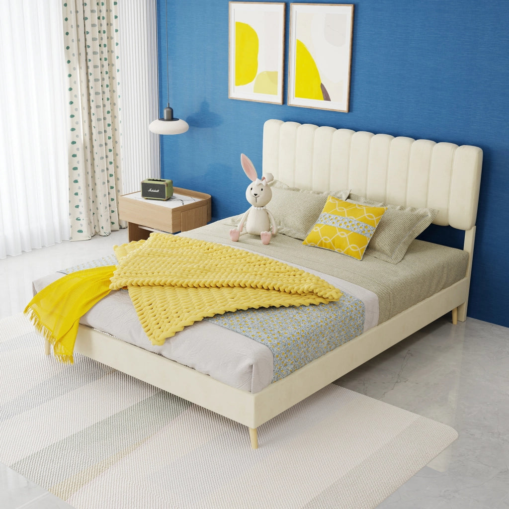 Letto imbottito moderno con testiera morbida, 140x200 cm, beige