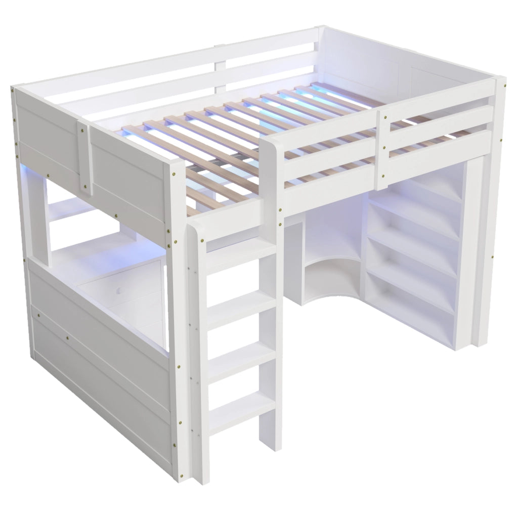 Letto a castello bianco in pino con luci LED armadio scrivania e cassetti 140x200 cm