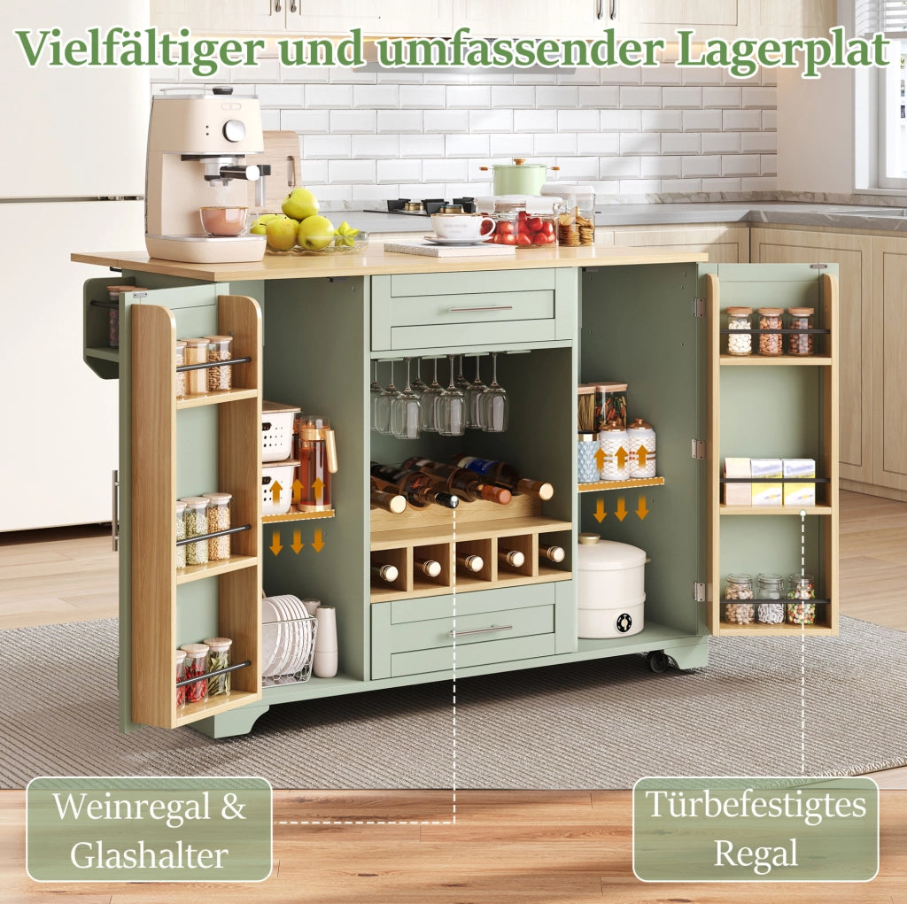 Carrello da cucina verde antico con piano pieghevole e portabottiglie