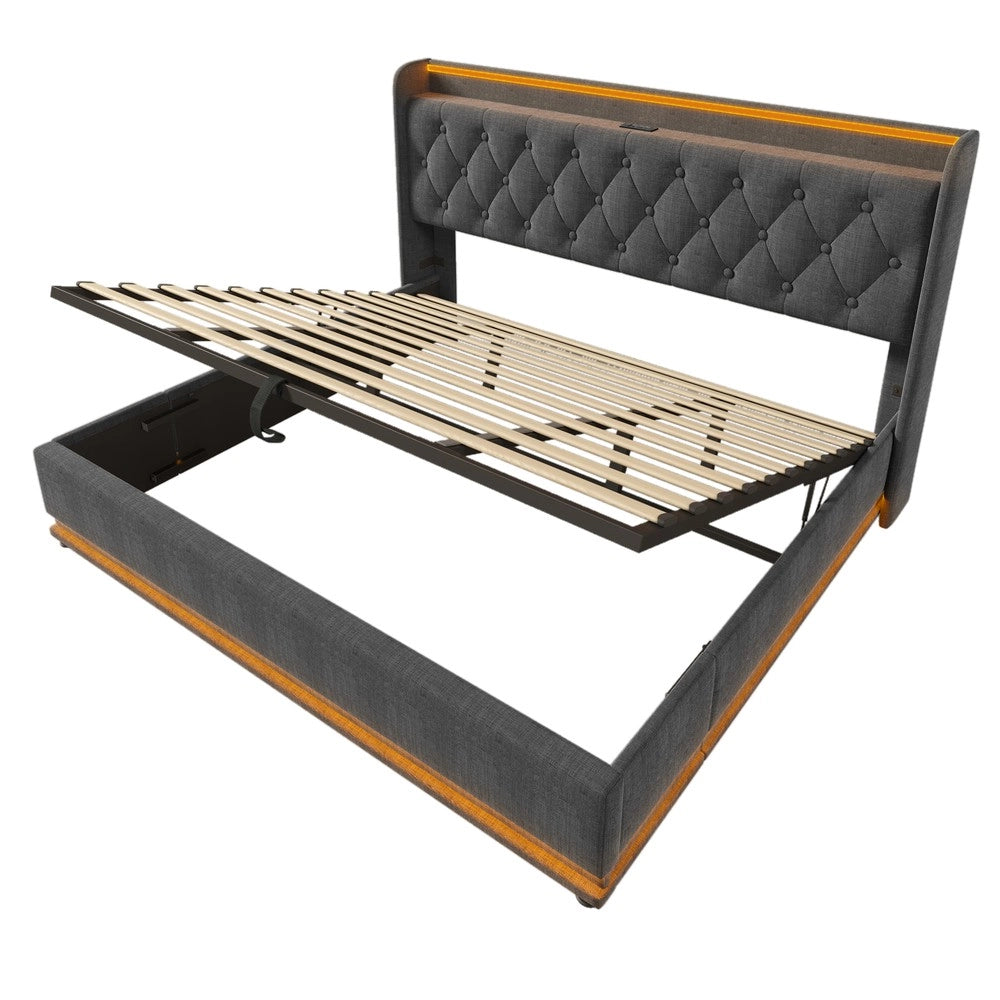 Letto Contenitore Matrimoniale Imbottito LED ¨C MINIMAL ¨C Grigio, Idraulico, 180x200, USB