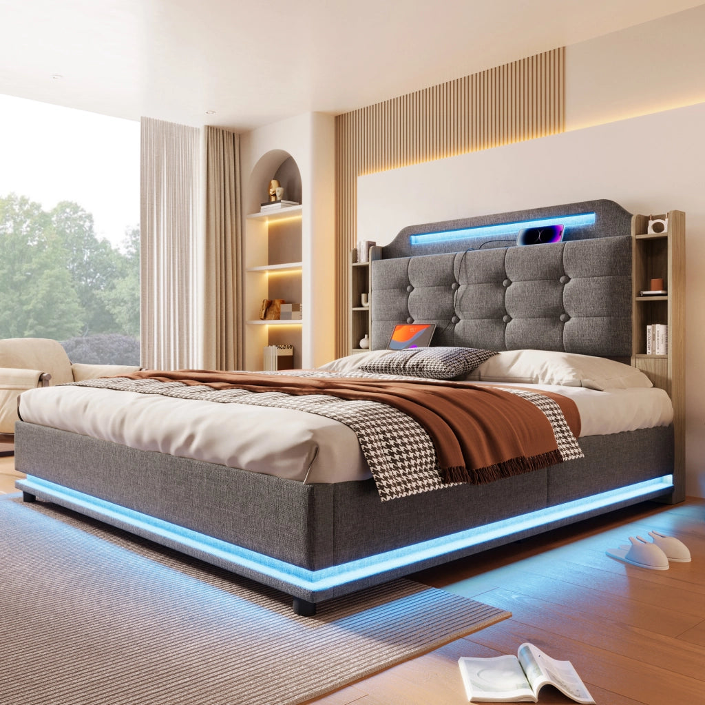 Letto imbottito ULEVR 140x200 cm con contenitore idraulico, LED, USB e Type-C, lino grigio