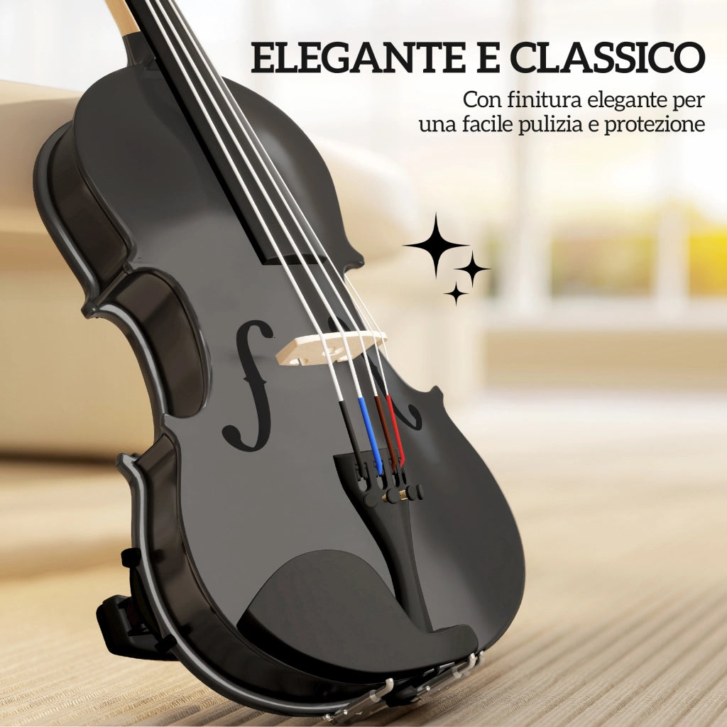 Violino 4/4 in Legno di Abete e Acero con Custodia, Arco, Spalliera e Pece, Nero