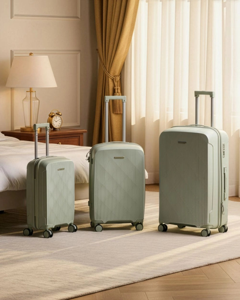 Set di 3 valigie rigide verde chiaro Materiale sintetico Lucchetto TSA in ferro Ruote silenziose Cerniera antifurto 3 misure stile Moderno