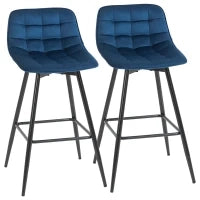 Set 2 Sgabelli Alti in Stile Nordico con Schienale e Poggiapiedi, Sgabelli con Schienale in Tessuto Effetto Velluto e Metallo, 45x47x88 cm, Blu
