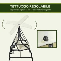 Dondolo Letto da Giardino 3 Posti con Tettuccio Regolabile, in Acciaio e Poliestere, 195x117x175 cm, Crema e Nero