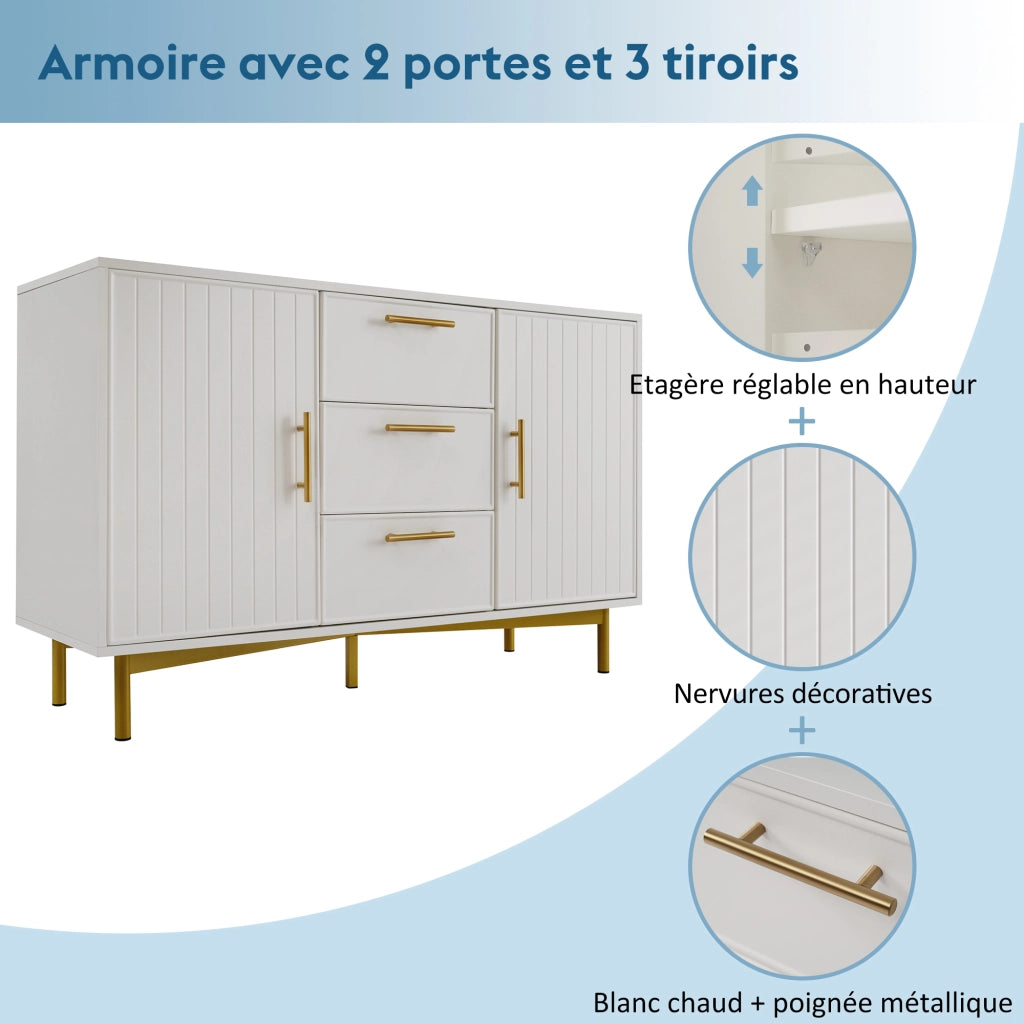 Credenza con 2 ante e 3 cassetti ripiano regolabile frontali scanalati in legno e metallo bianca 120 × 40 × 75 cm
