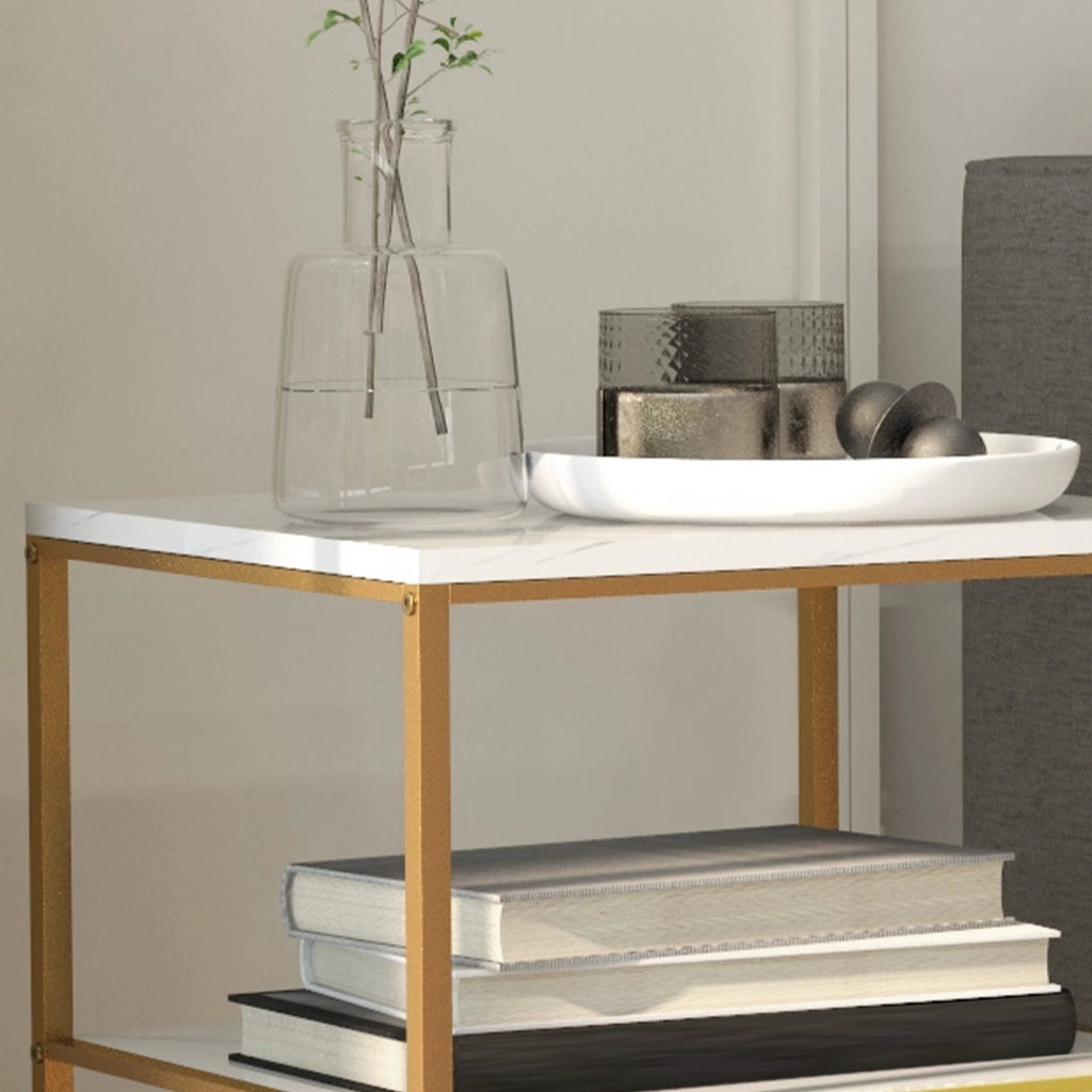 Tavolino da caff¨¨ con 2 ripiani effetto marmo e struttura in metallo dorato ¨C Minimal ¨C 44x40x54,5 cm