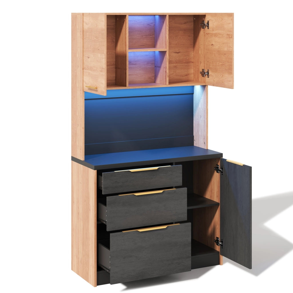 Credenza alta da cucina 100x40x180 cm in MDF, finitura moderna, piano nero, LED regolabile e presa EU