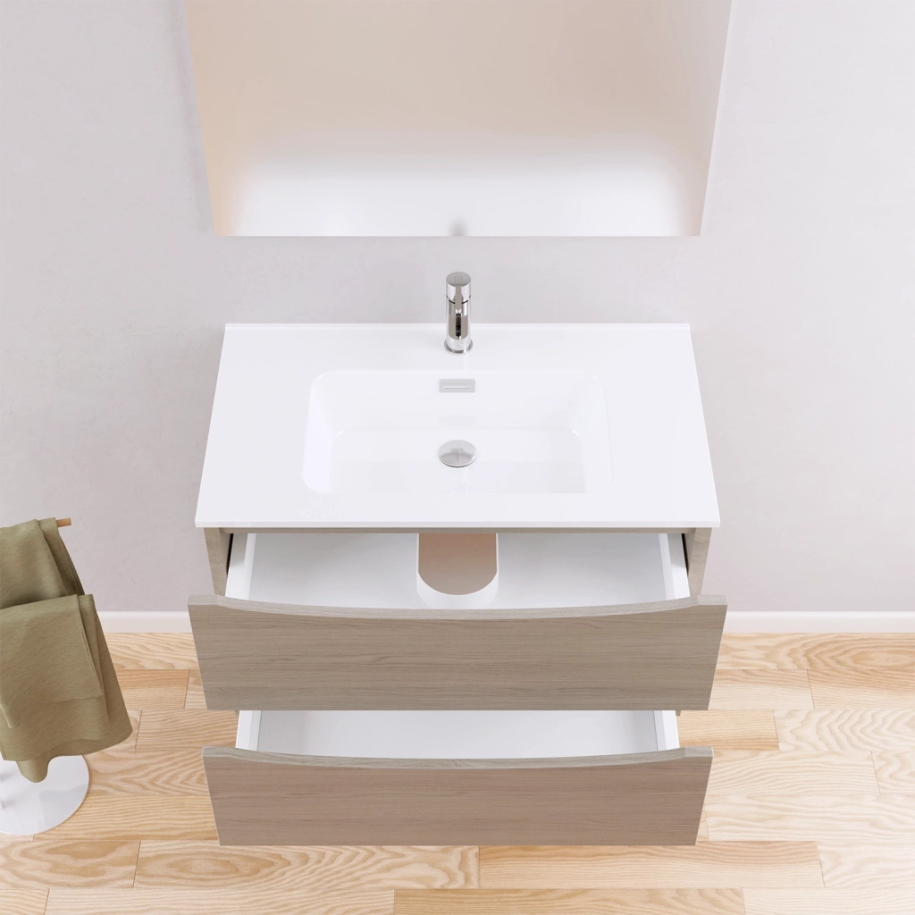 Mobile da bagno sospeso 90cm rovere chiaro con lavabo e specchio | Aspen