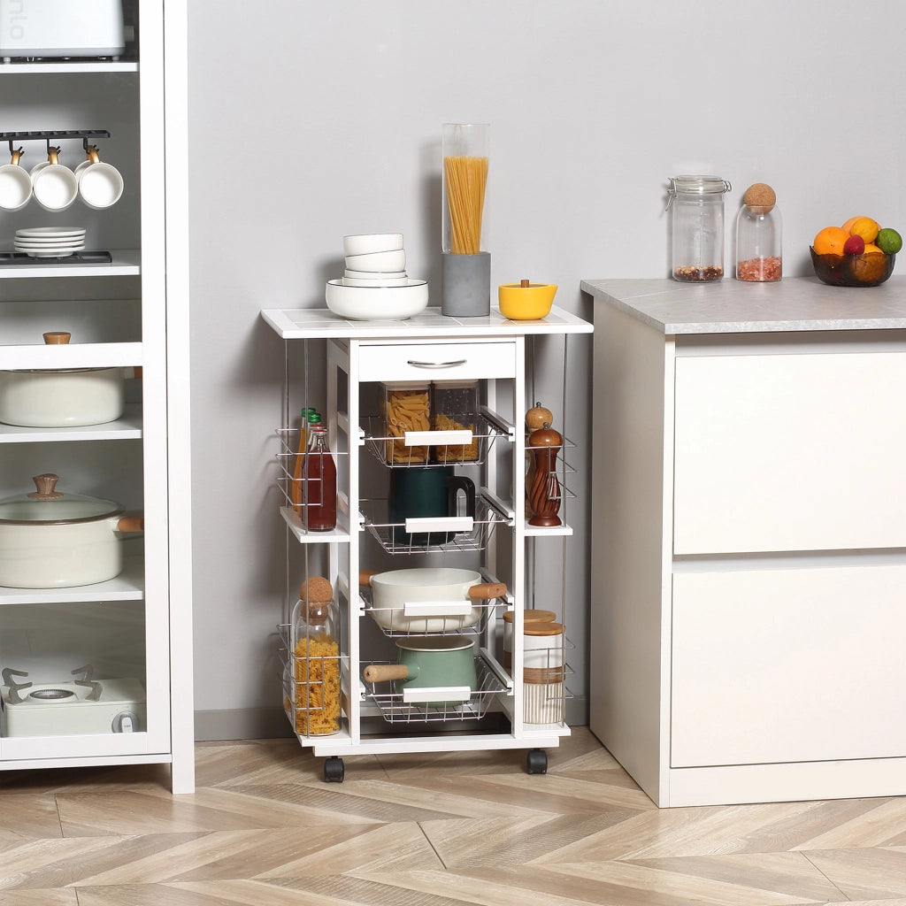 Carrello da cucina con cassetto, cesti e ripiani laterali ¨C zephmum ¨C bianco 57x37x83